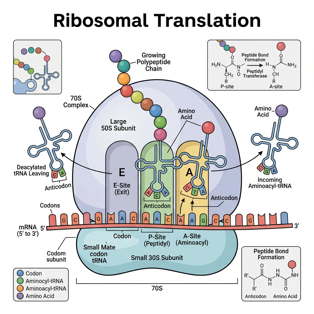 Diagram of ribosomal translation showing mRNA threaded through the ribosome with tRNAs at the A, P, and E sites, and a growing polypeptide chain