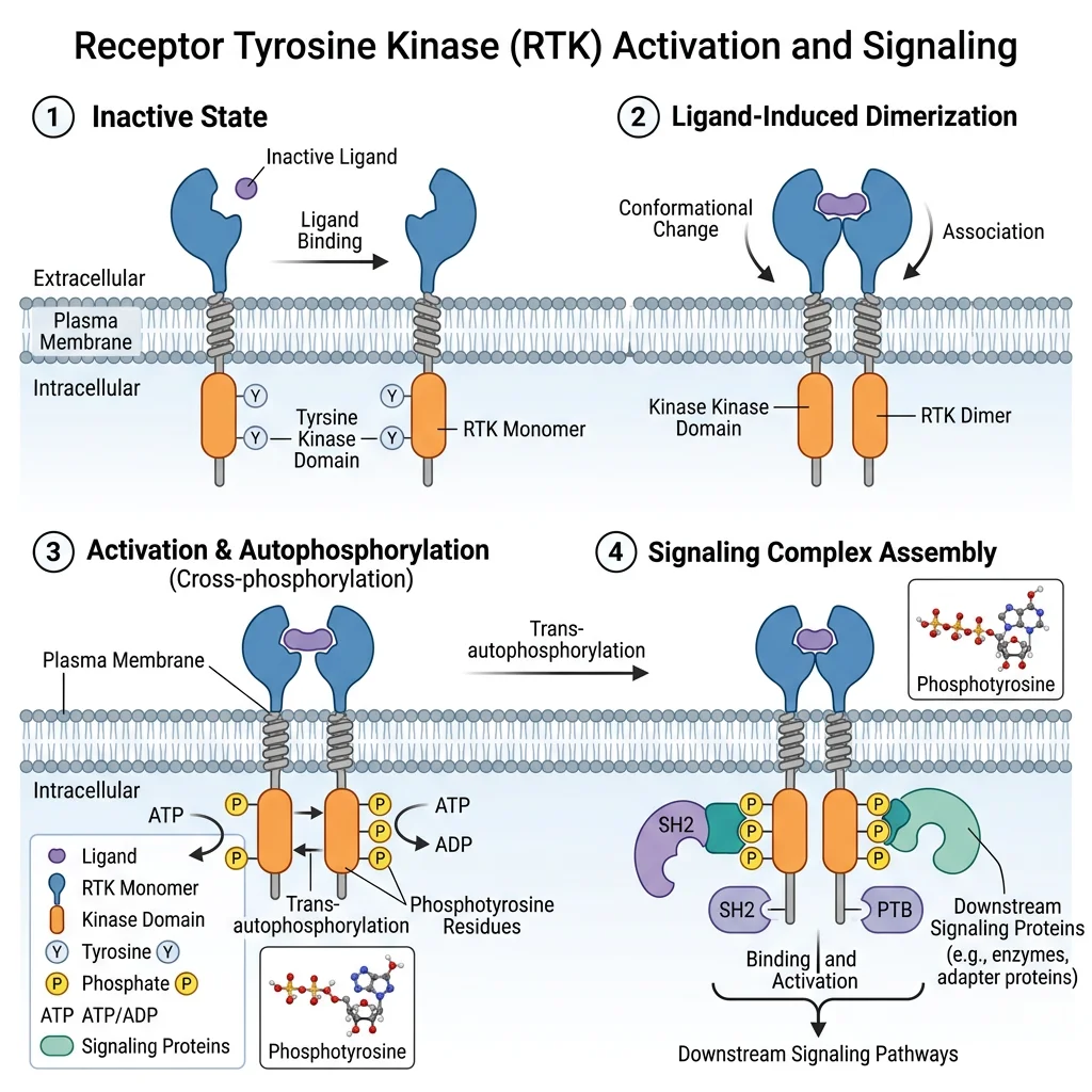 Receptor tyrosine kinase activation showing ligand-induced dimerization and cross-phosphorylation of tyrosine residues on intracellular domains