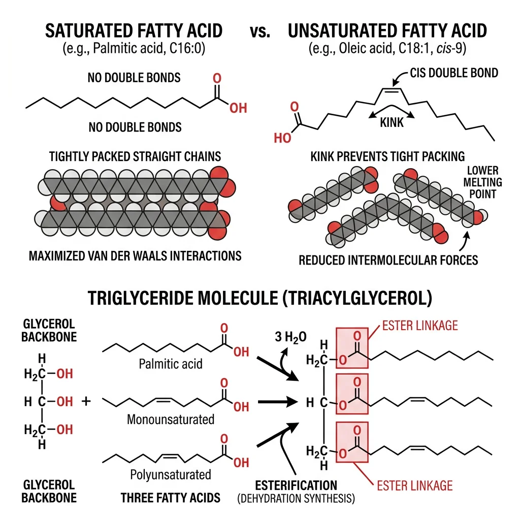 Comparison of saturated fatty acid (straight chain, tightly packed) versus unsaturated fatty acid (kinked chain from cis double bond) and a triglyceride molecule with glycerol backbone esterified to three fatty acid tails