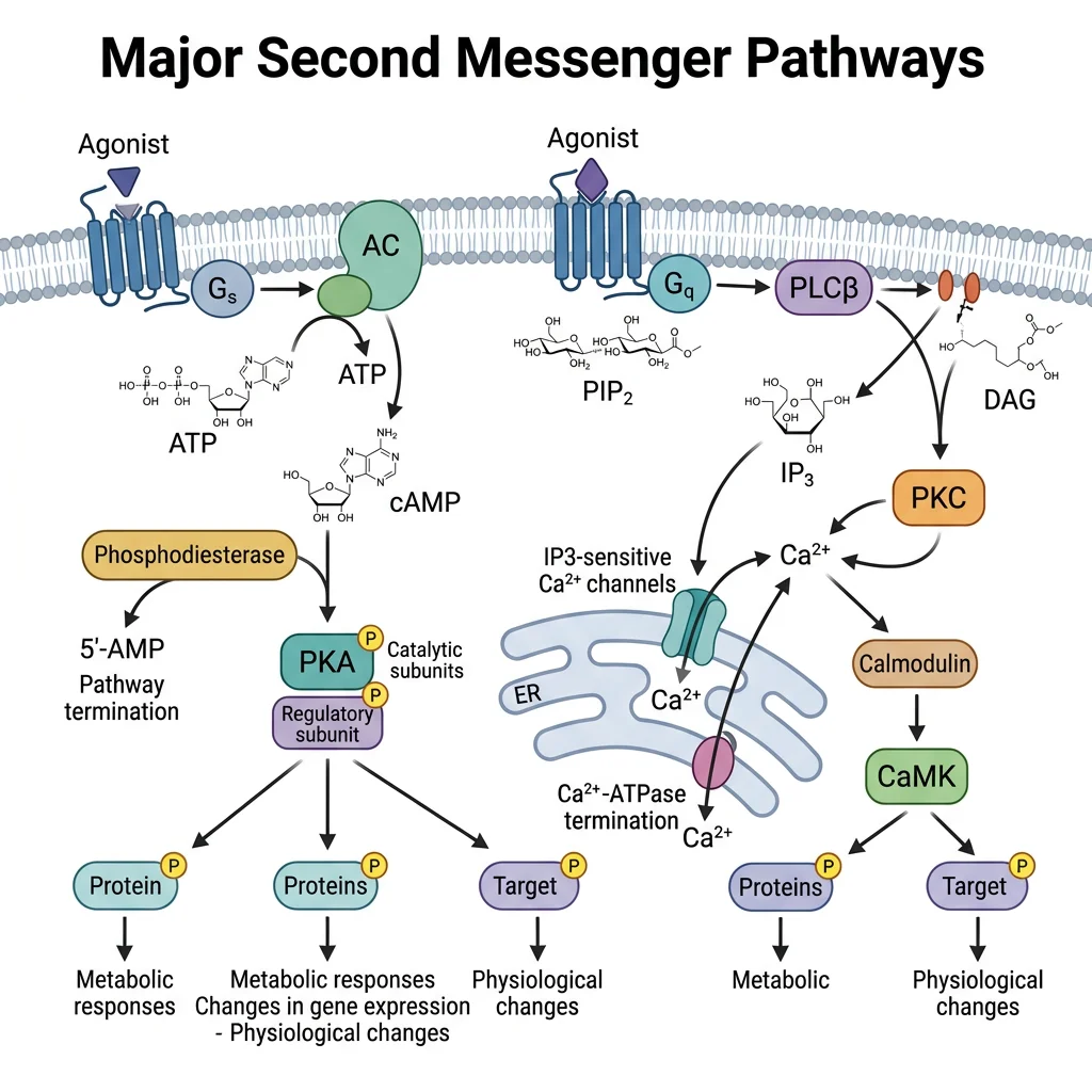 Overview of major second messenger pathways showing cAMP, IP3, DAG, and calcium signaling cascades with their respective enzymes and targets