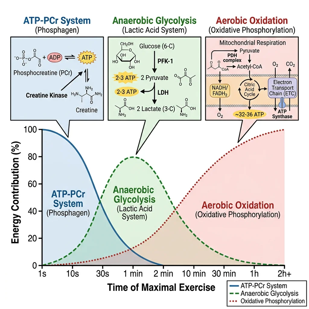 Graph showing the three overlapping skeletal muscle energy systems — ATP-PCr peaking in the first 10 seconds, anaerobic glycolysis dominating from 30 seconds to 2 minutes, and aerobic oxidation sustaining long-duration exercise
