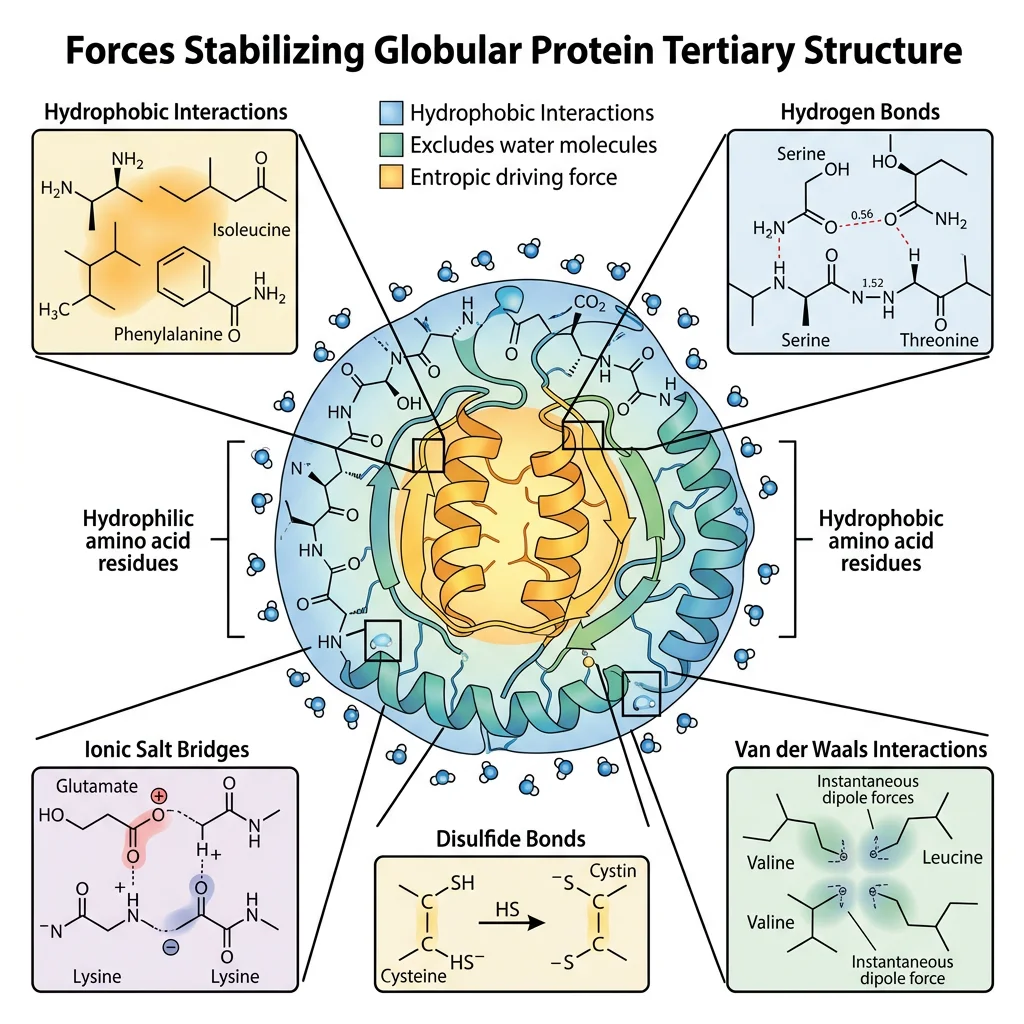 Cross-section of a globular protein showing the forces stabilizing tertiary structure: hydrophobic core packing, hydrogen bonds, ionic salt bridges, disulfide bonds, and van der Waals interactions