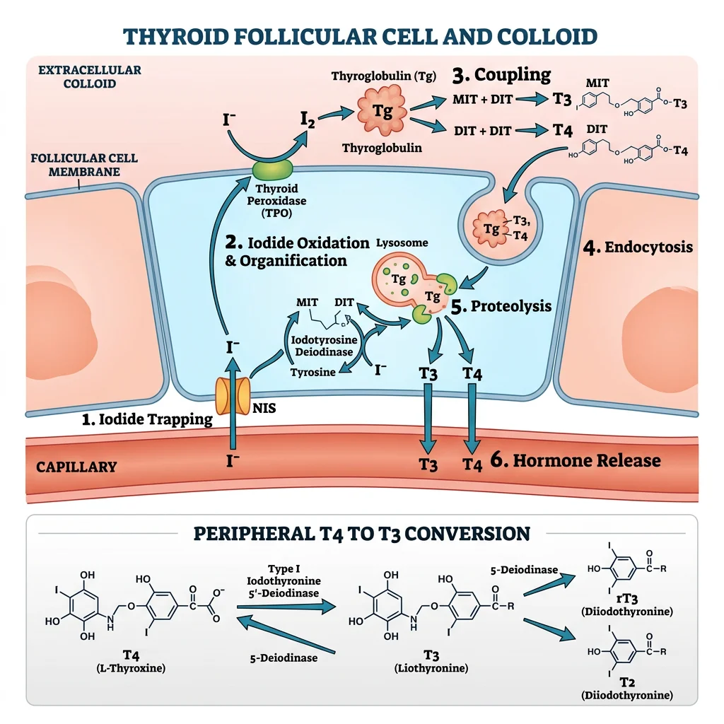 Six-step thyroid hormone synthesis pathway showing iodide trapping, organification, coupling, and peripheral T4 to T3 conversion