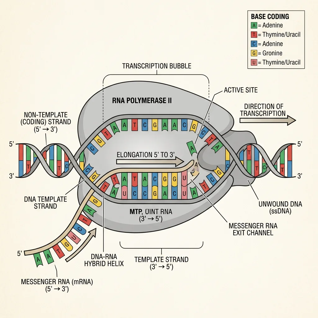 Diagram of transcription showing RNA polymerase moving along the template strand, synthesizing mRNA in the 5-prime to 3-prime direction with the transcription bubble open
