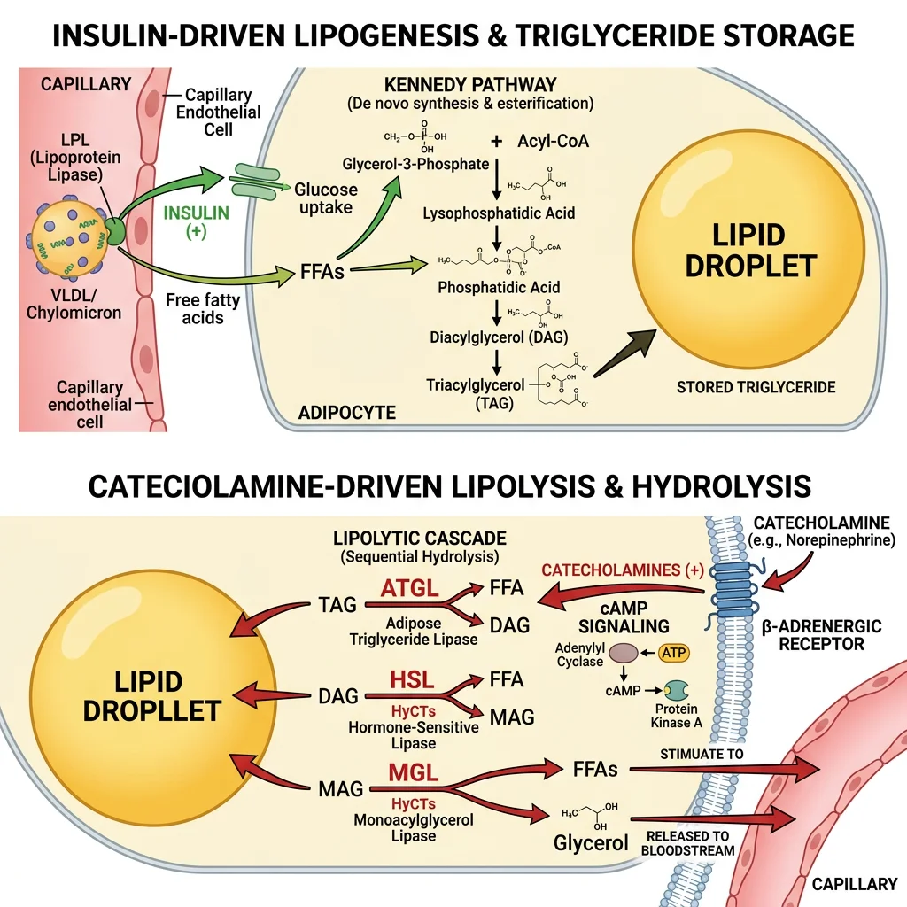 Diagram of lipogenesis and lipolysis pathways showing insulin-driven triglyceride storage via LPL and Kennedy pathway, and catecholamine-driven hydrolysis via ATGL, HSL, and MGL
