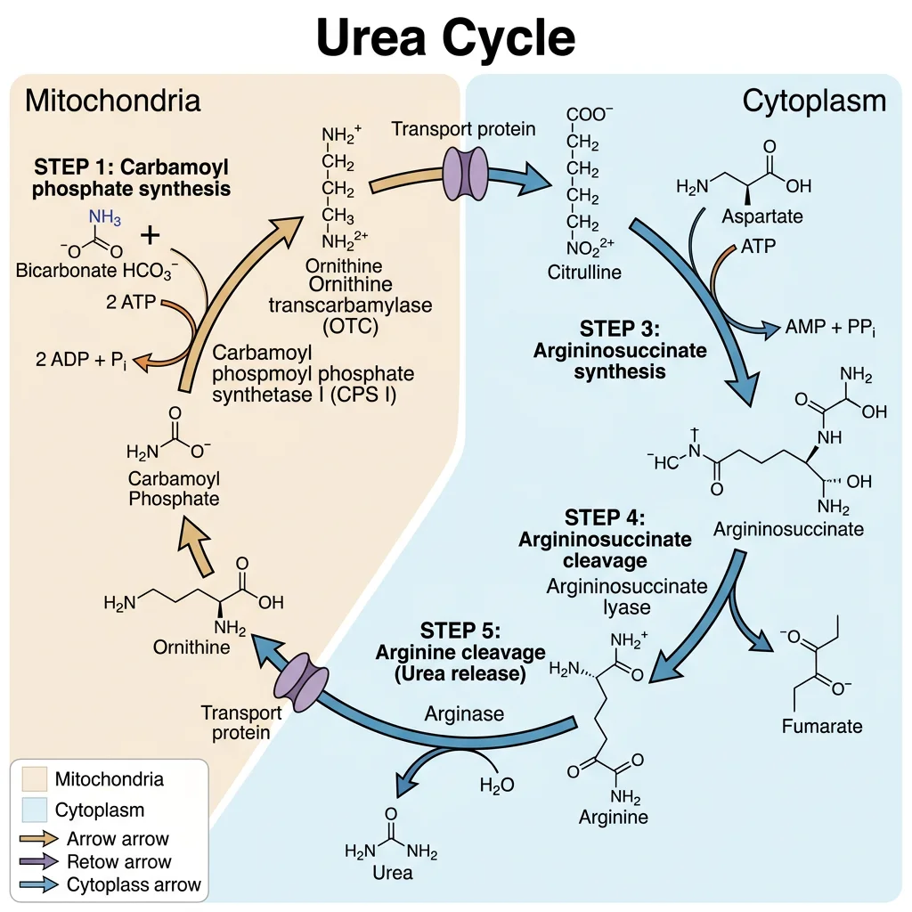 Circular diagram of the urea cycle showing five enzymatic steps spanning mitochondria and cytoplasm with substrates and products