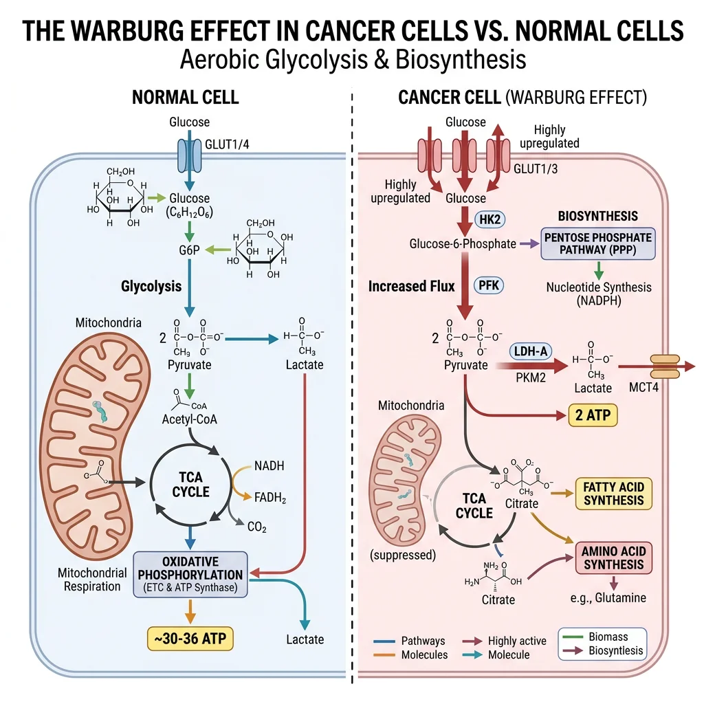 The Warburg effect in cancer cells showing aerobic glycolysis with increased glucose uptake, lactate production, and biosynthetic pathway branching compared to normal cells