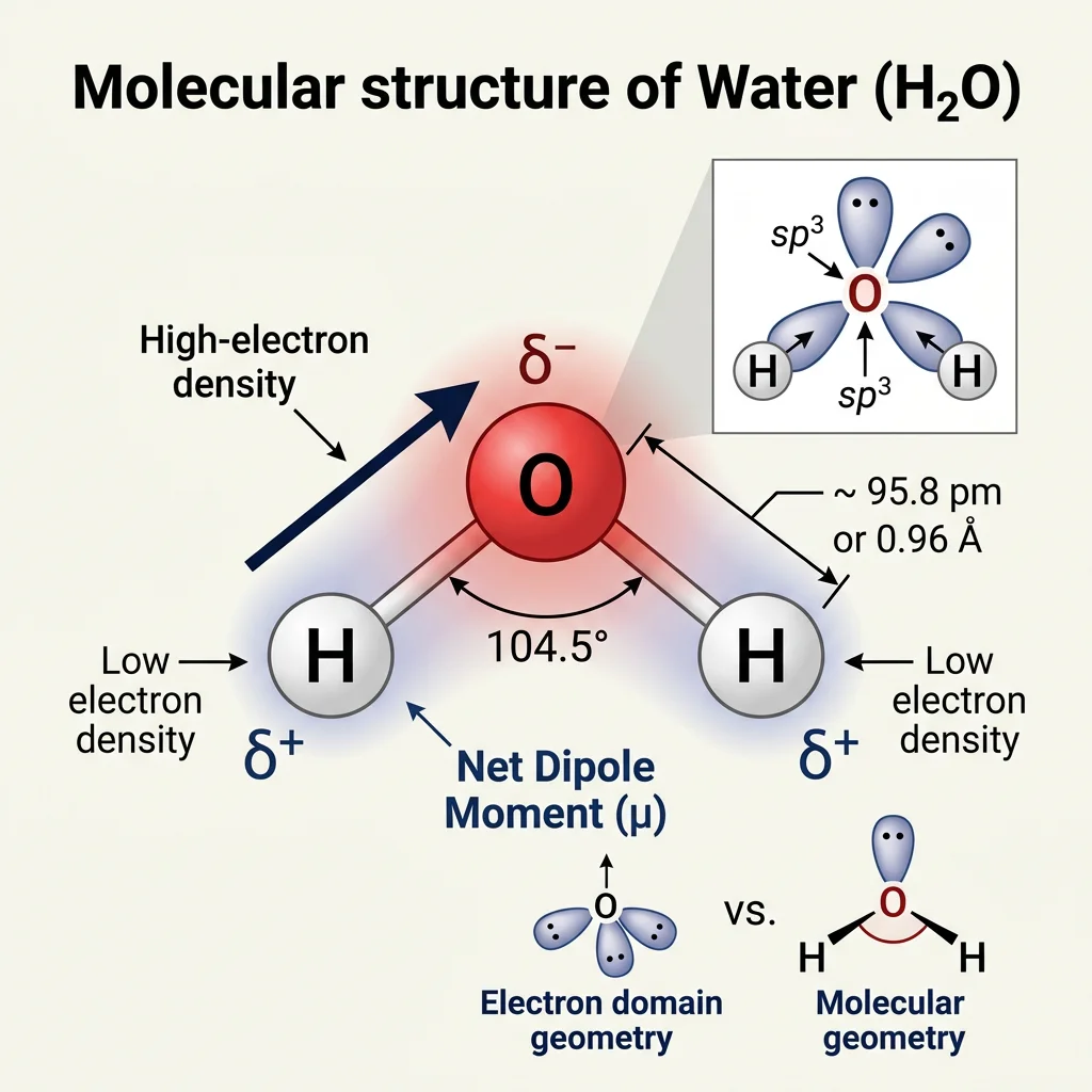 Water molecule showing bent geometry with 104.5-degree bond angle, partial charges on oxygen and hydrogen, and dipole moment vector