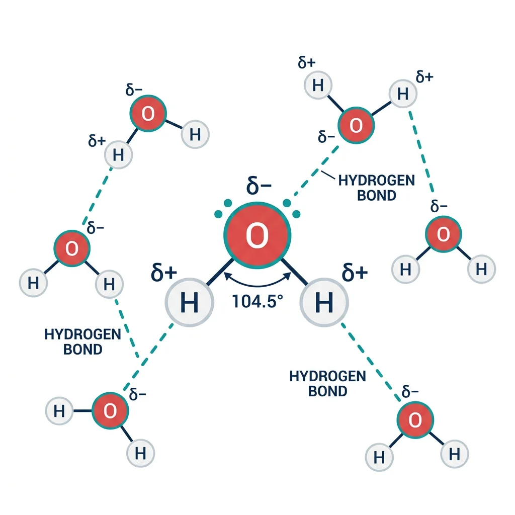 Water molecule structure showing bent geometry, partial charges, and an extensive hydrogen bonding network between multiple water molecules