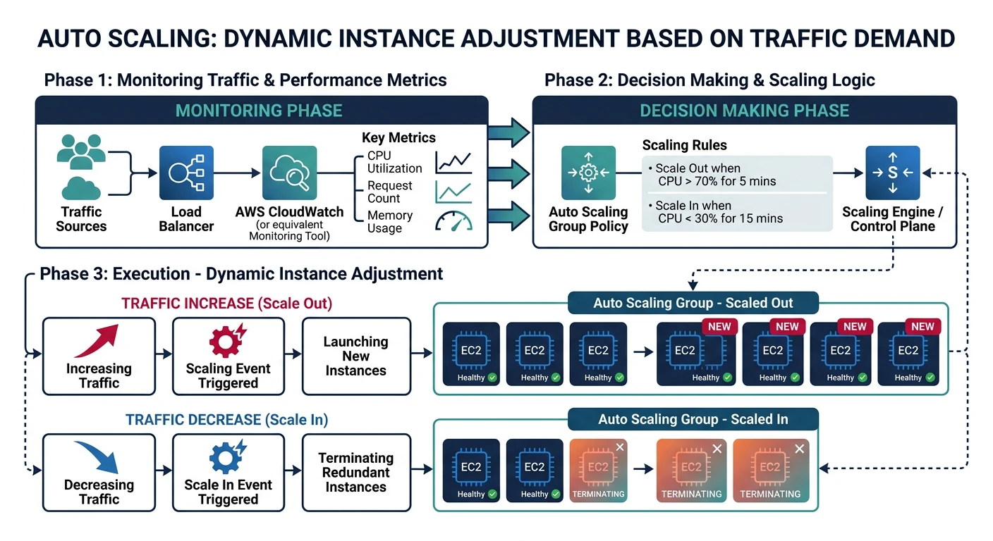 Auto scaling diagram showing instances adjusting based on traffic demand
