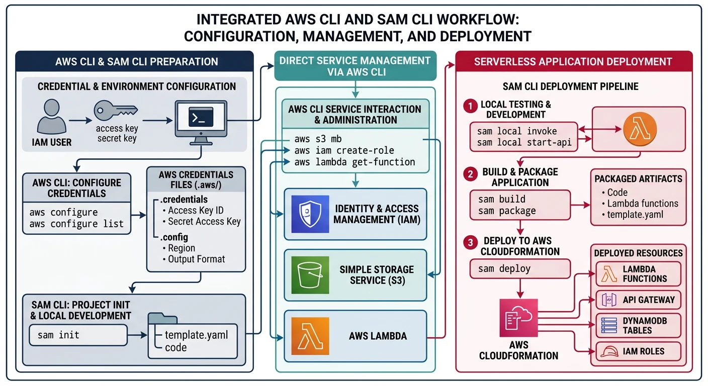 AWS CLI and SAM CLI workflow showing credential configuration, service management commands, and serverless application deployment