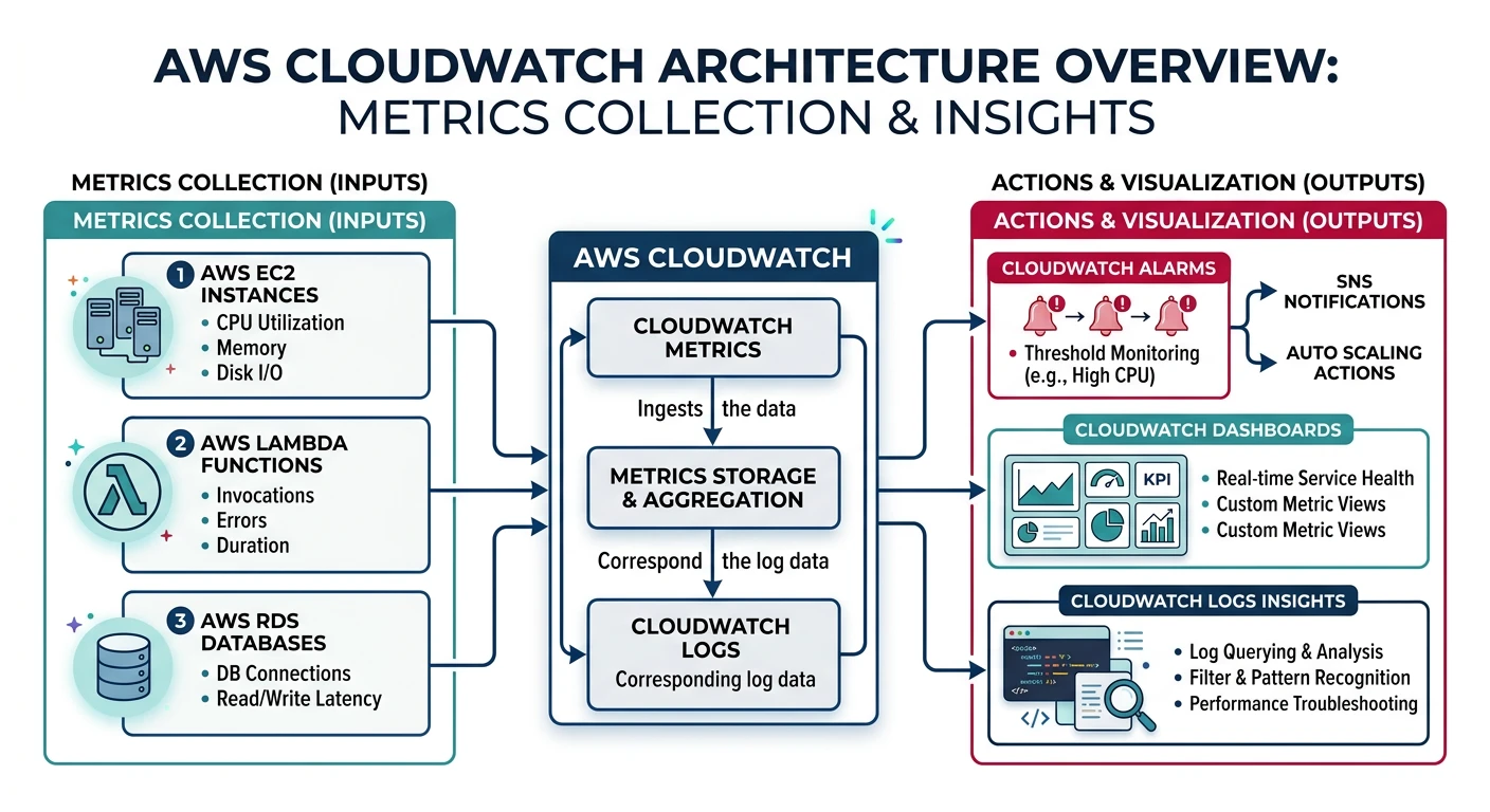 AWS CloudWatch architecture showing metrics collection from EC2, Lambda, and RDS feeding into alarms, dashboards, and Logs Insights