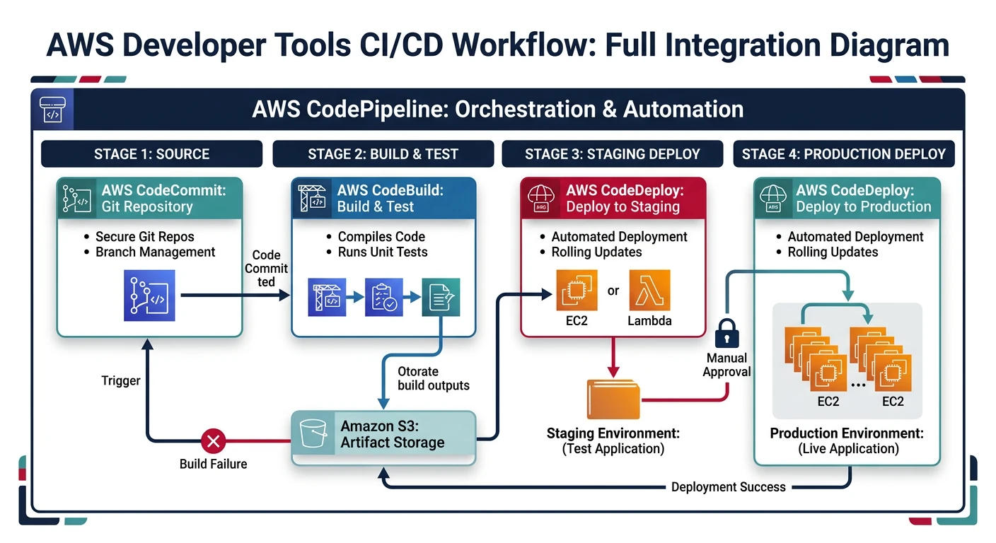 AWS Developer Tools CI/CD workflow showing CodeCommit, CodeBuild, CodeDeploy, and CodePipeline integration