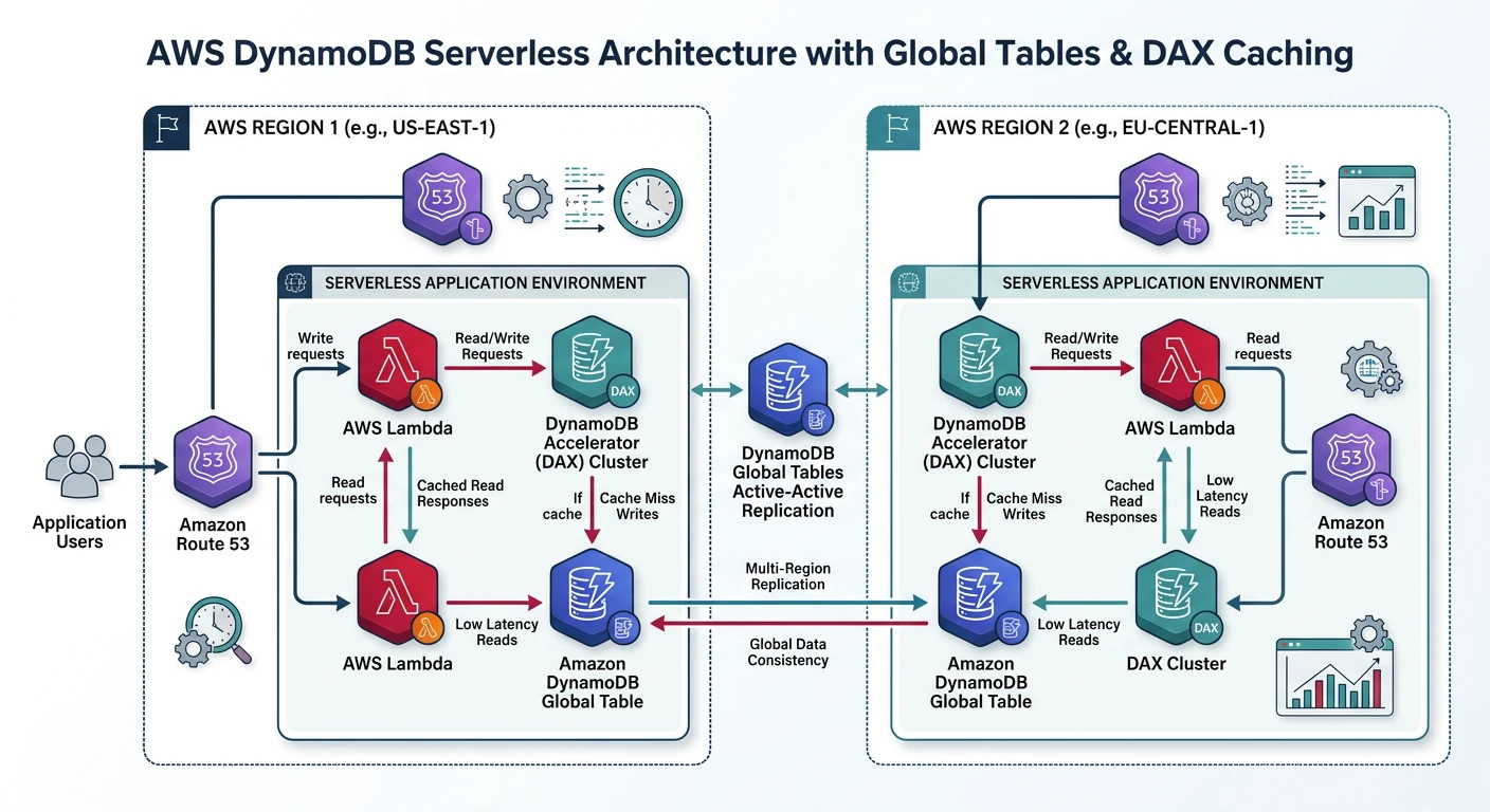 AWS DynamoDB serverless architecture with global tables and DAX caching
