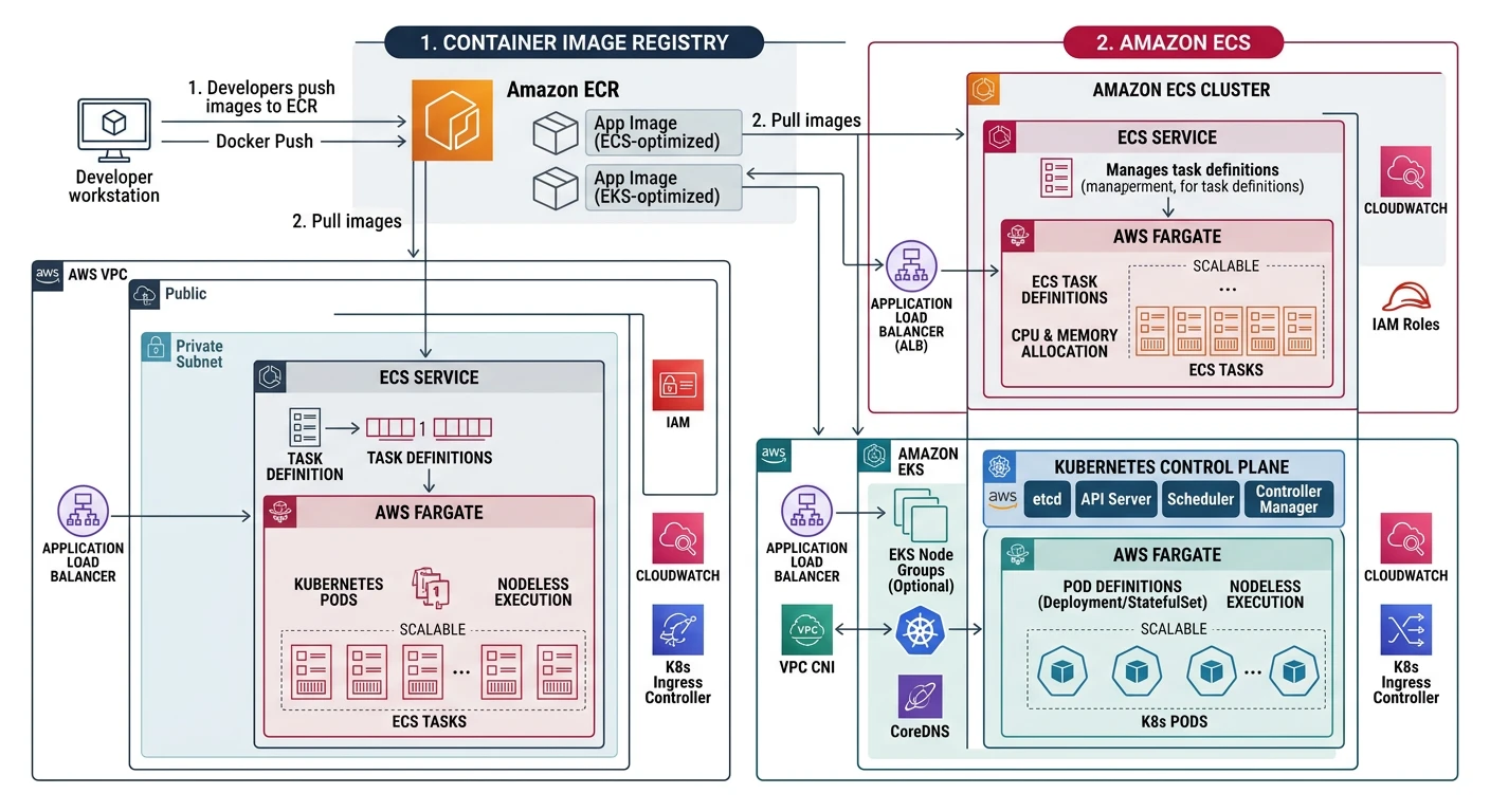 AWS ECS and EKS architecture with Fargate serverless containers and ECR registry