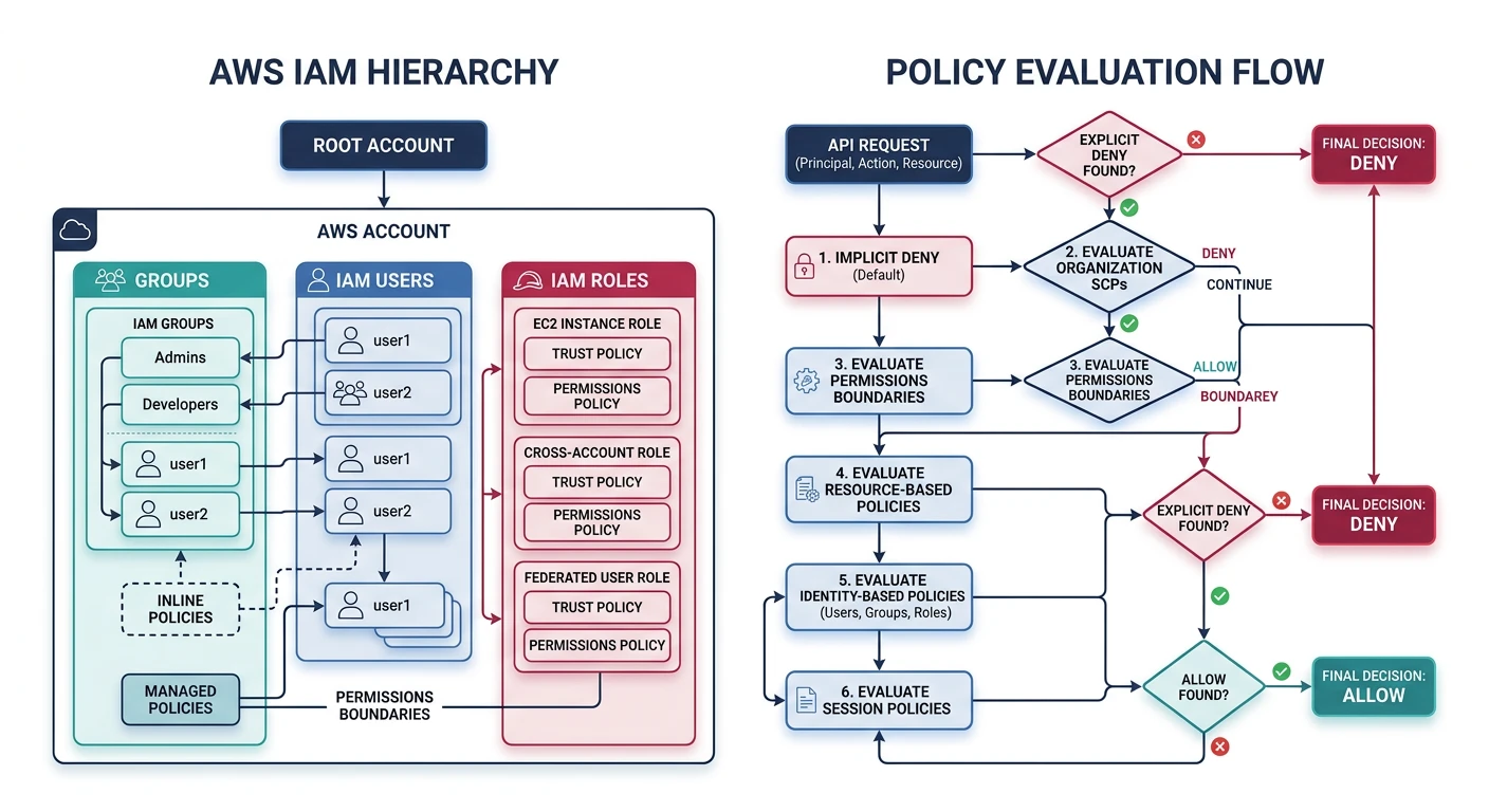AWS IAM hierarchy showing users, groups, roles, and policy evaluation flow