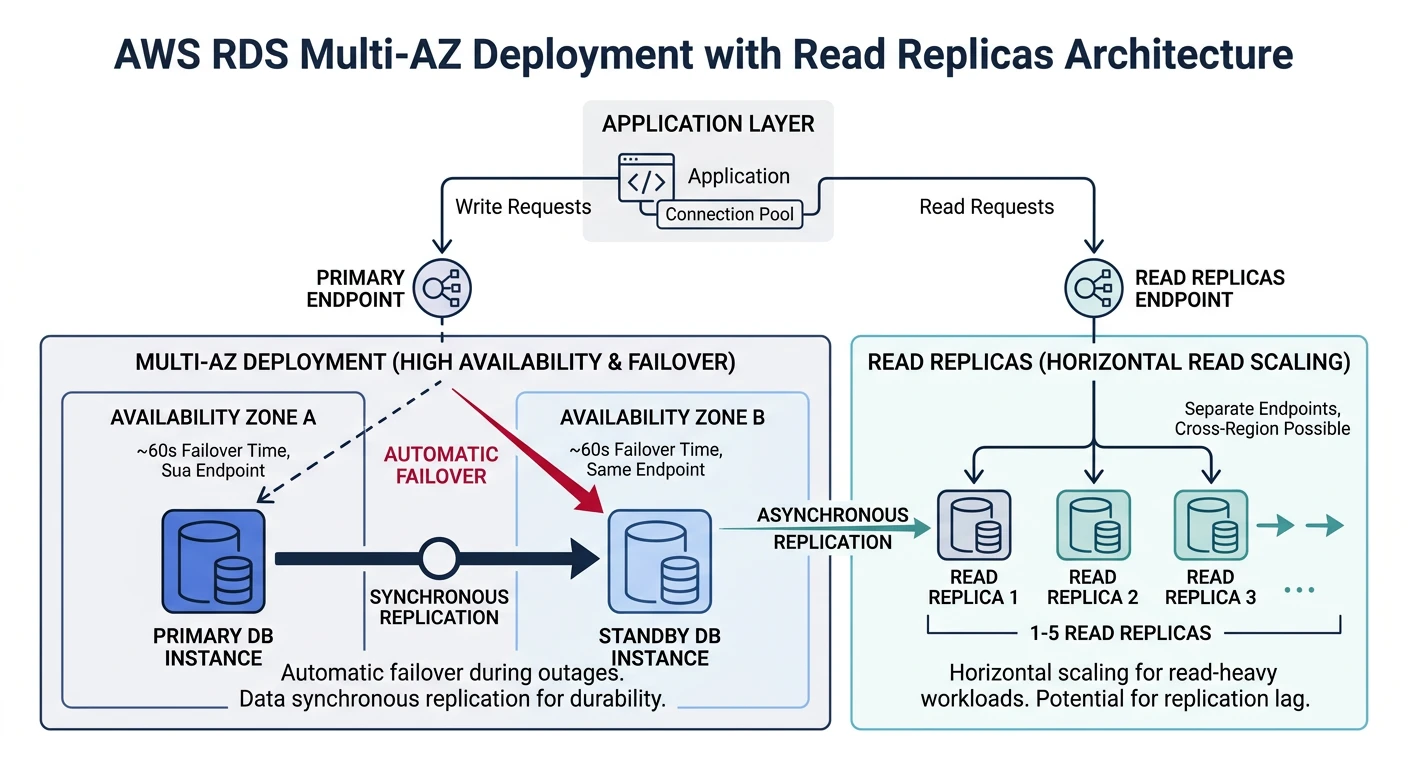 AWS RDS architecture with Multi-AZ deployment and read replicas