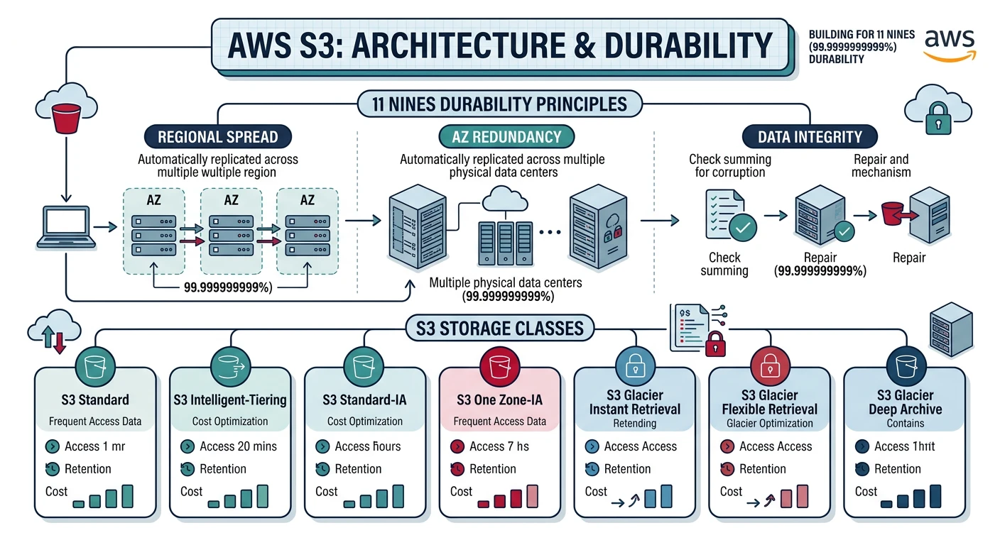 AWS S3 architecture showing 11 nines durability and storage classes