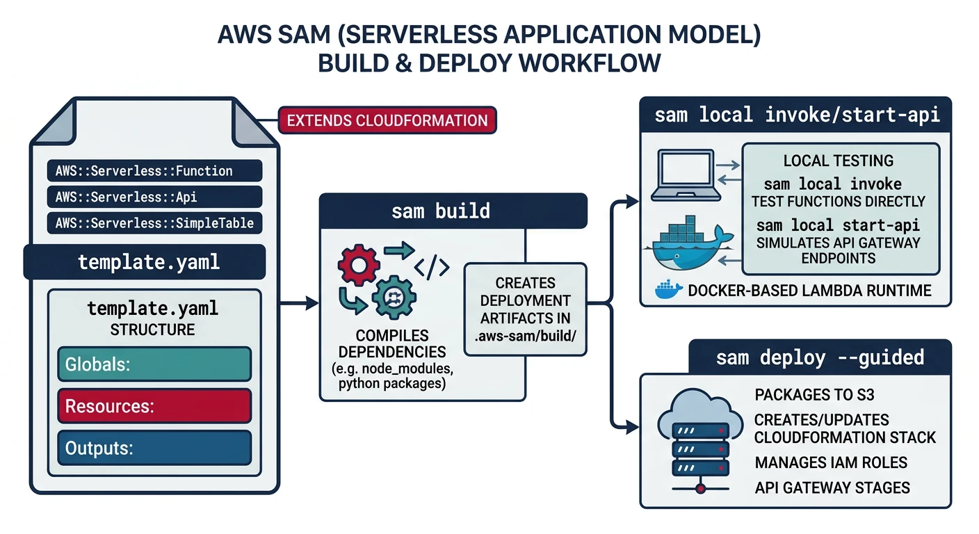 AWS SAM workflow from template definition to local testing and deployment