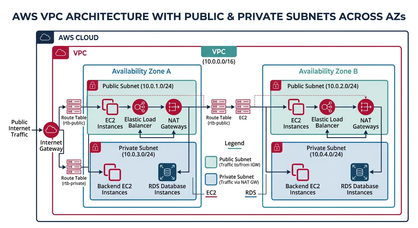 AWS VPC architecture with public and private subnets across availability zones
