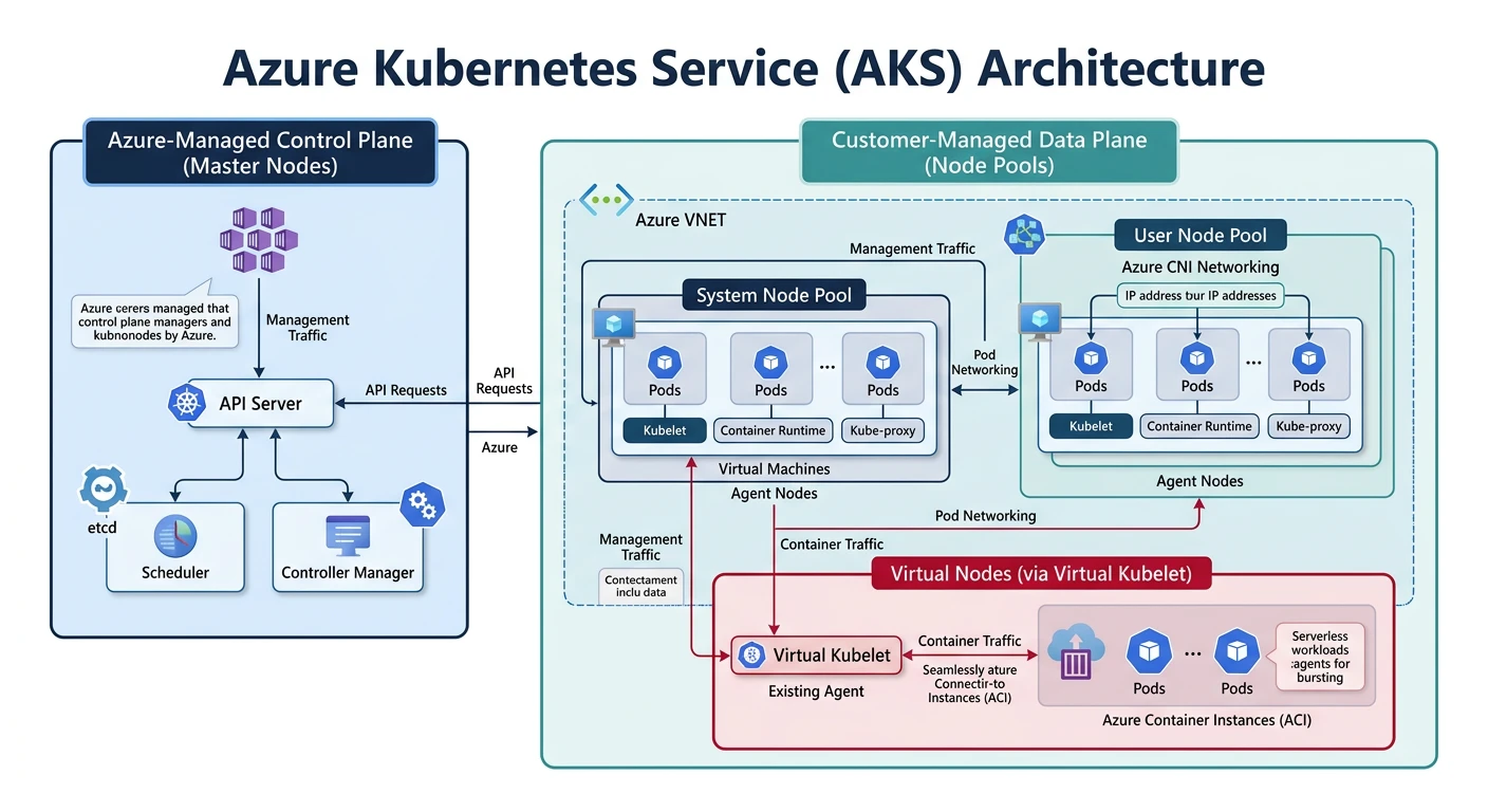 Azure AKS cluster architecture with node pools, Azure CNI networking, and virtual nodes