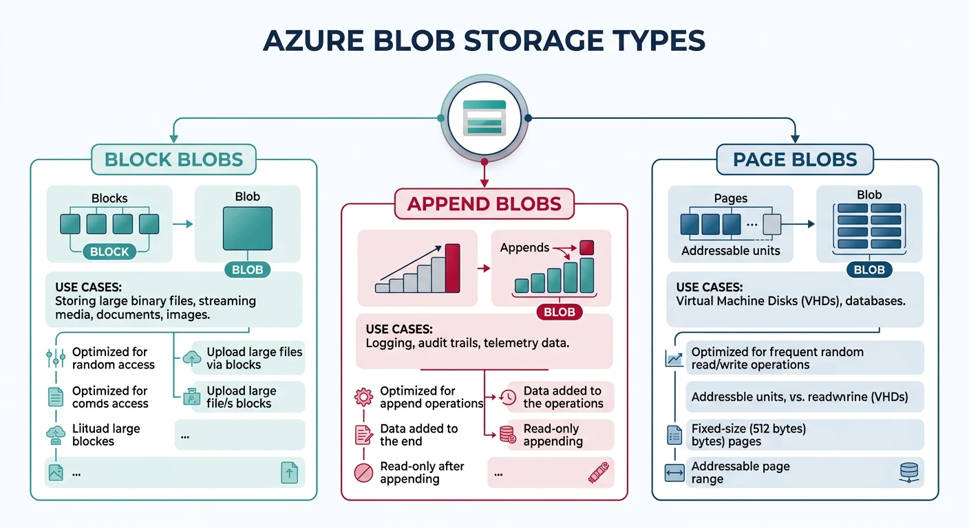Azure Blob Storage types including block blobs, append blobs, and page blobs