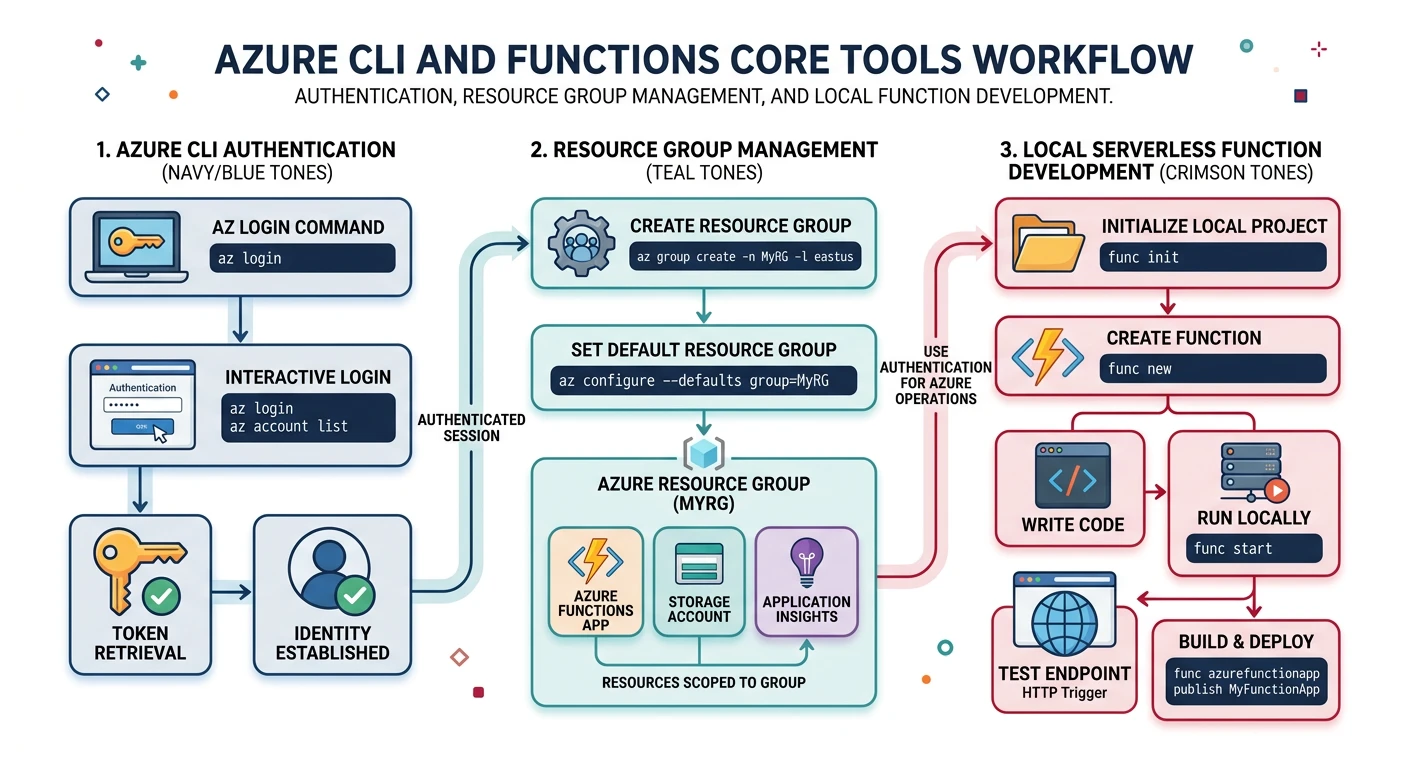 Azure CLI and Functions Core Tools workflow showing login authentication, resource group management, and local serverless function development