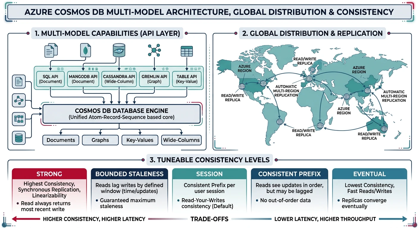 Azure Cosmos DB multi-model architecture with global distribution and consistency levels