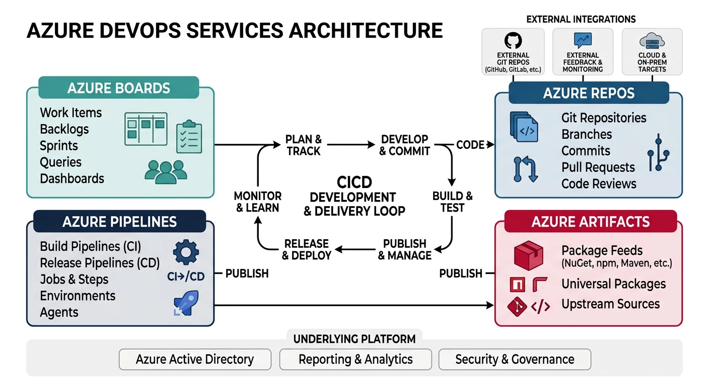 Azure DevOps services architecture showing Azure Repos, Pipelines, Artifacts, and Boards working together