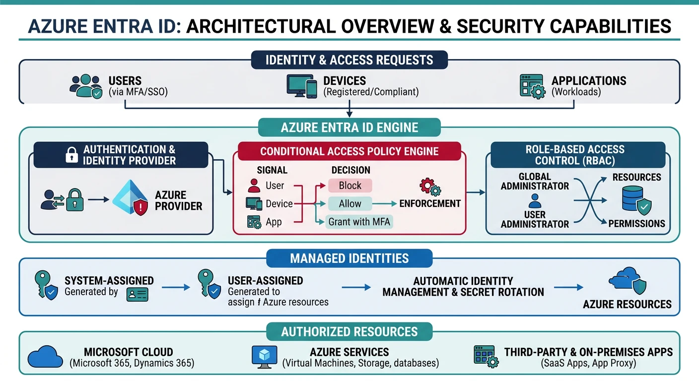 Azure Entra ID architecture with conditional access, RBAC, and managed identities