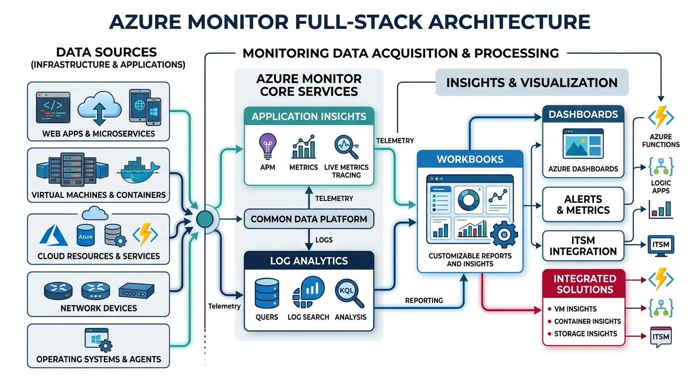 Azure Monitor full-stack architecture showing Application Insights, Log Analytics, and Workbooks collecting data across infrastructure and applications