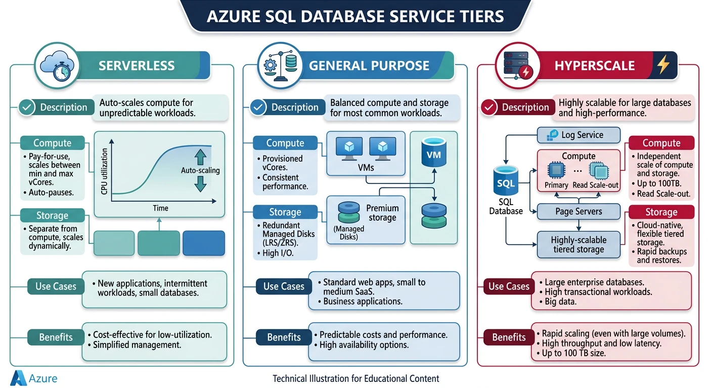 Azure SQL Database tiers including Serverless, General Purpose, and Hyperscale