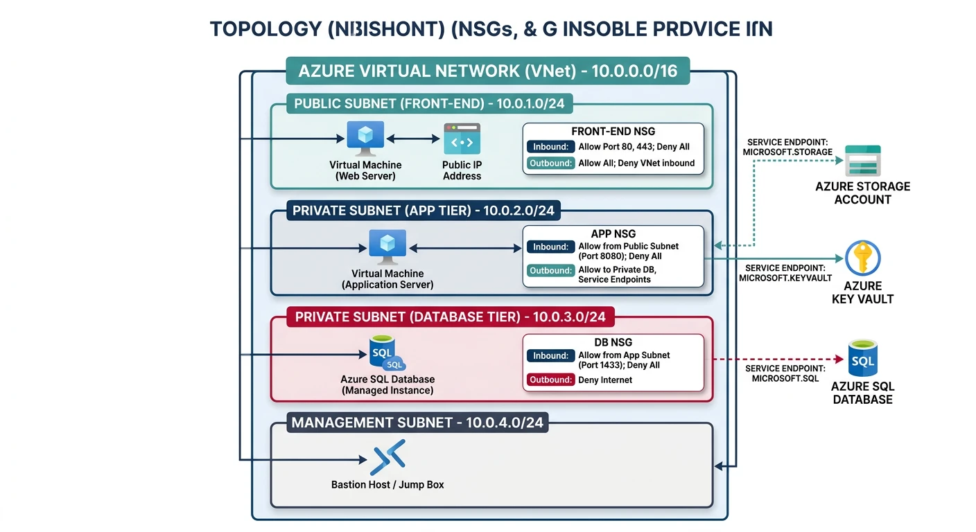 Azure Virtual Network topology with subnets, NSGs, and service endpoints