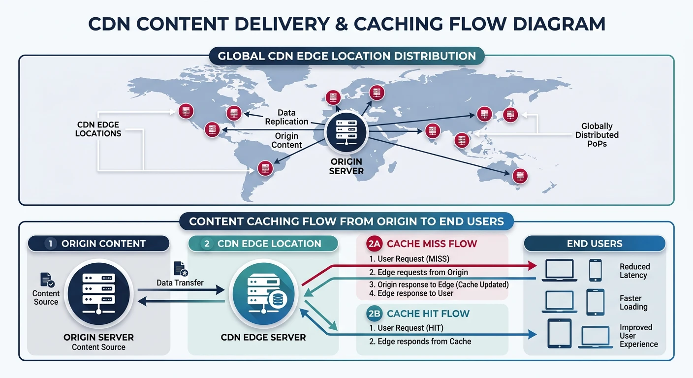 CDN edge location distribution and content caching flow from origin to end users