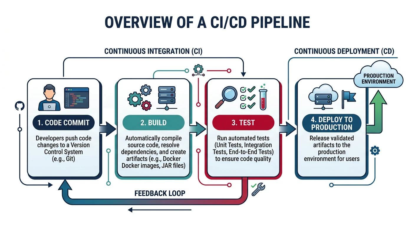 Overview of a CI/CD pipeline showing stages from code commit through build, test, and deploy to production