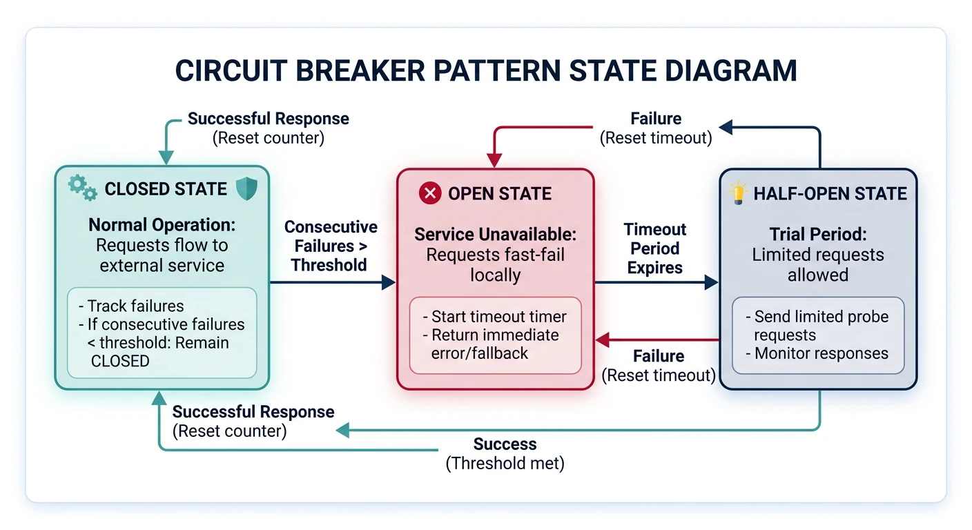Circuit breaker pattern state diagram showing closed, open, and half-open states