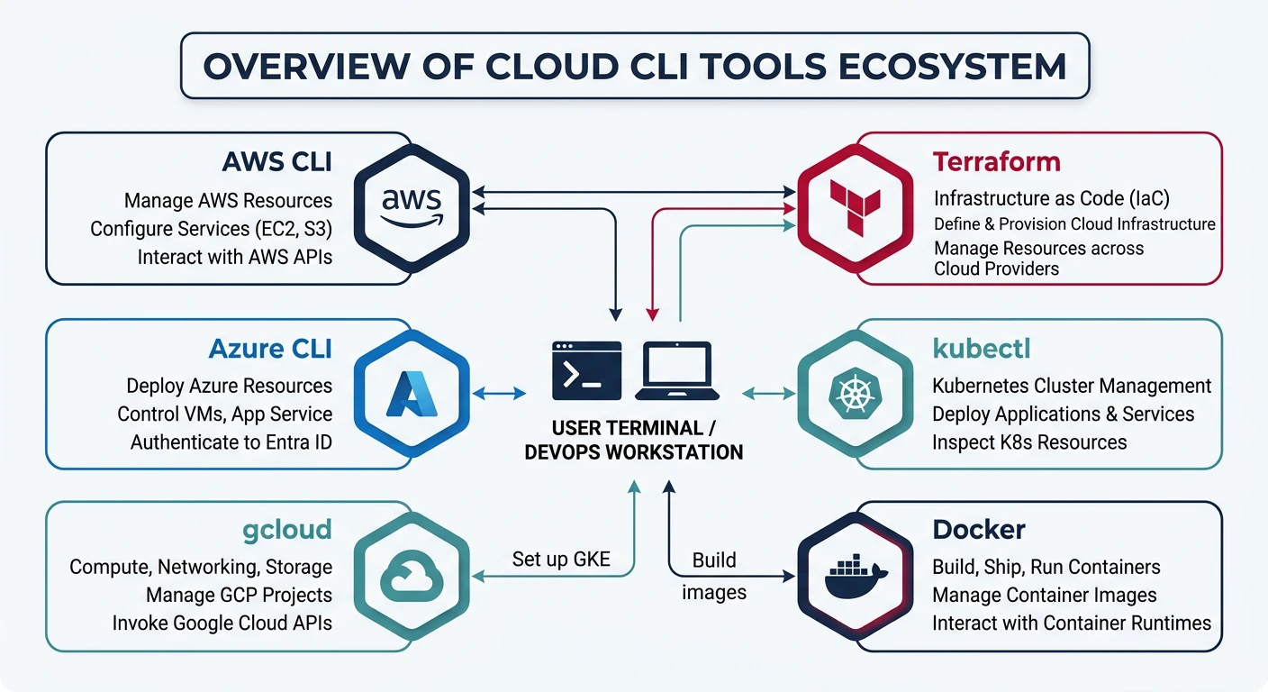 Overview of cloud CLI tools ecosystem showing AWS CLI, Azure CLI, gcloud, Terraform, kubectl, and Docker interconnected