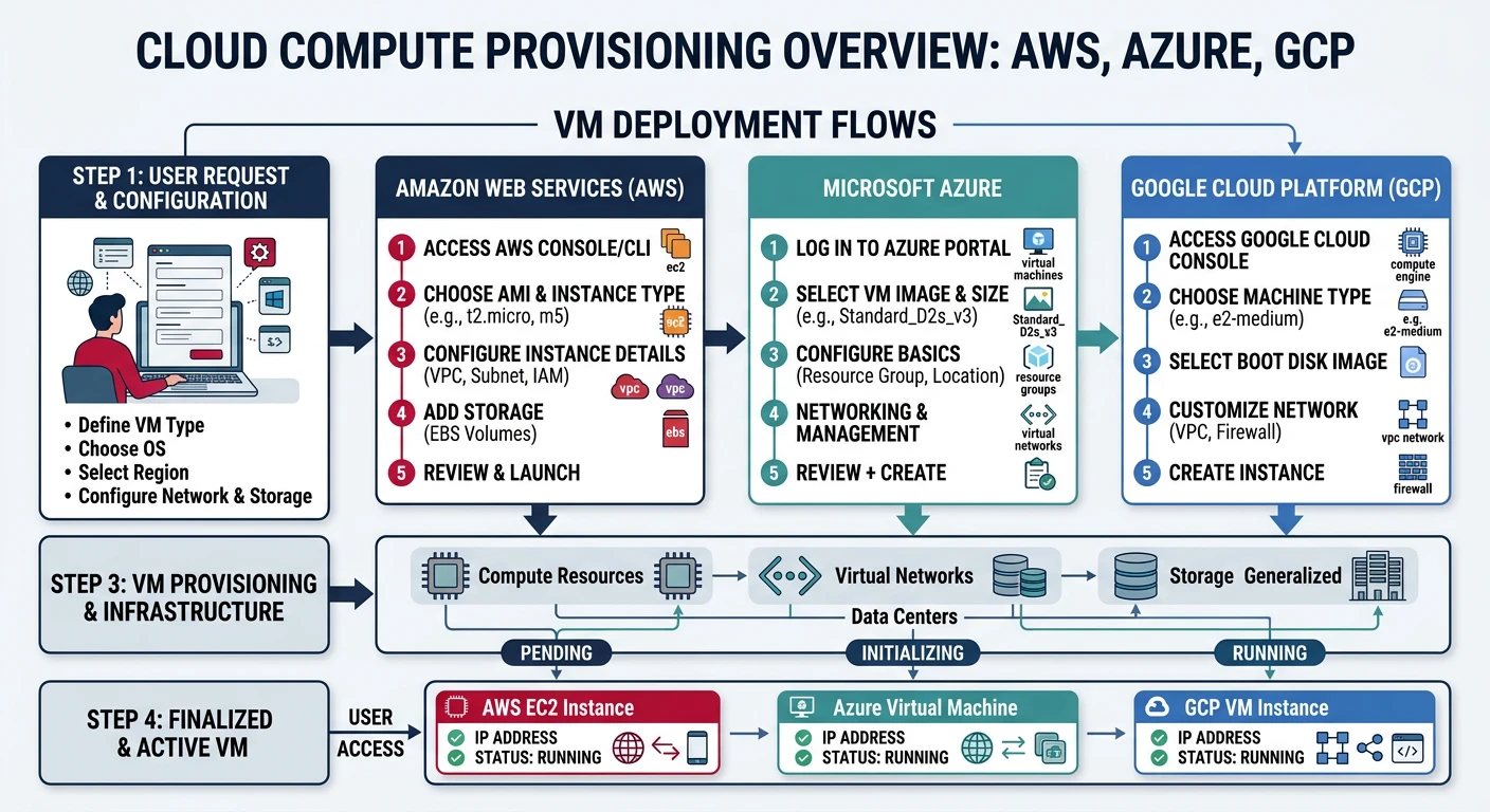 Cloud compute services overview showing VM provisioning across AWS, Azure, and GCP