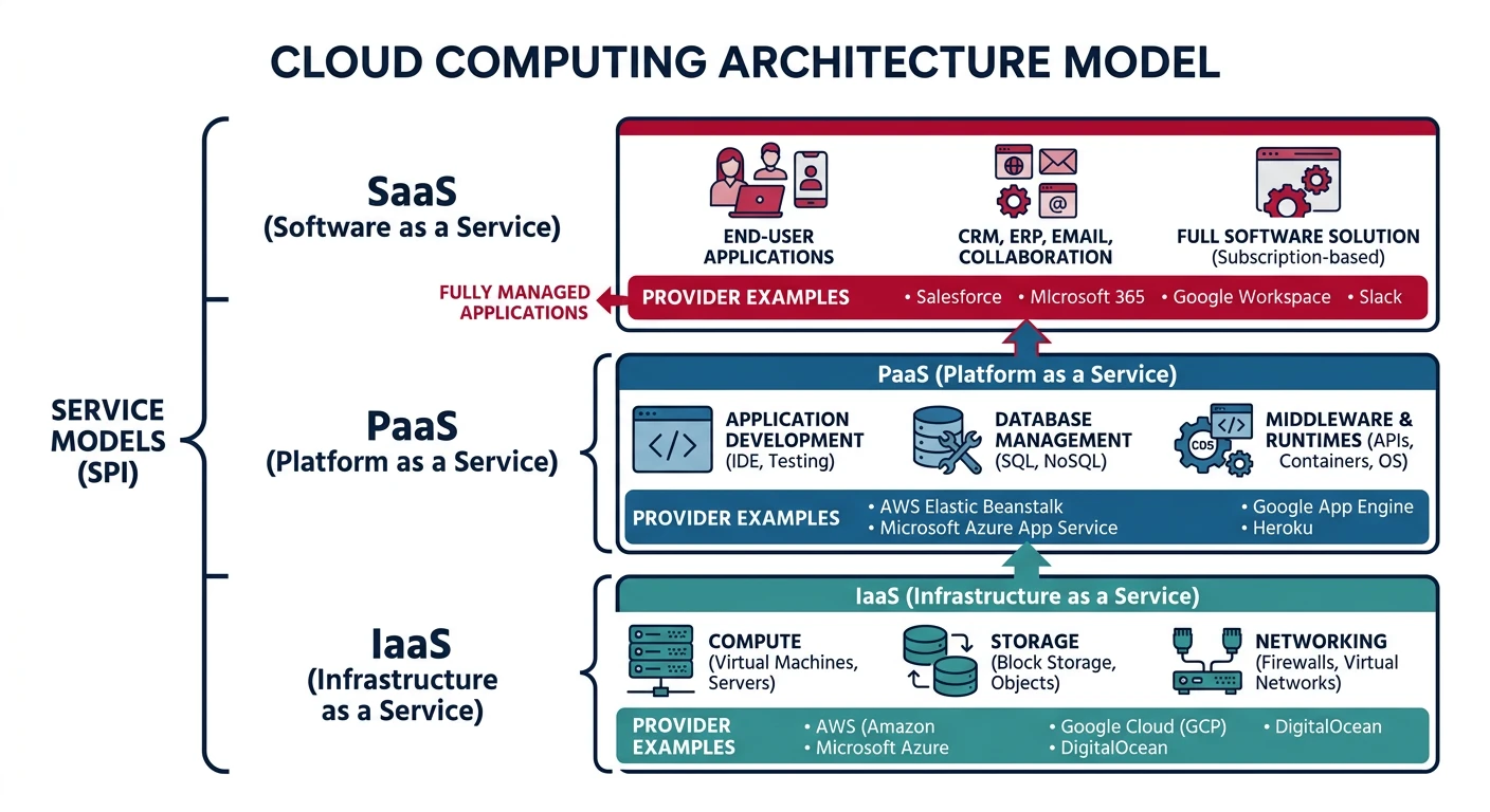 Cloud computing architecture showing IaaS, PaaS, and SaaS layers with provider examples