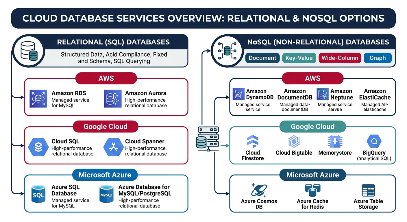 Cloud database services overview showing relational and NoSQL options across providers