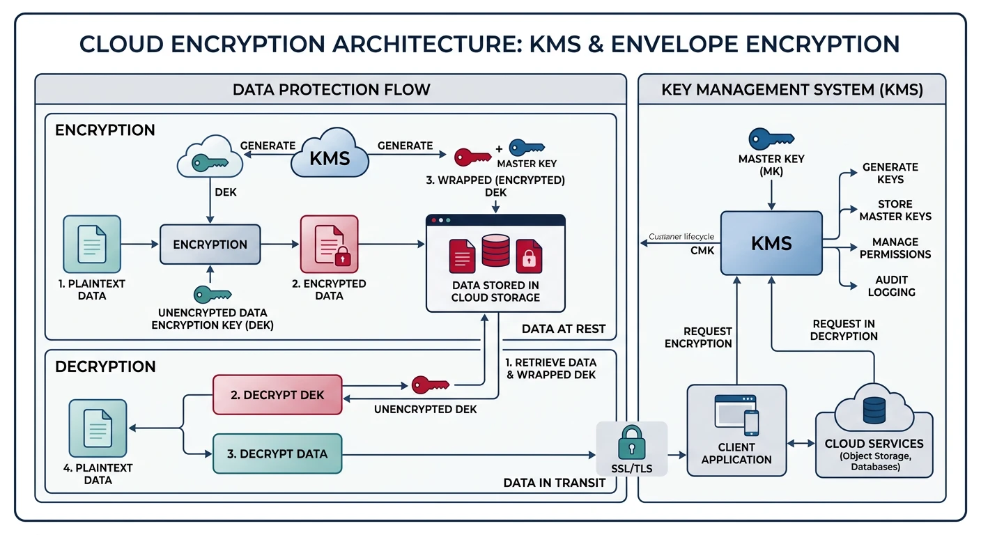 Cloud encryption architecture showing KMS, envelope encryption, and data protection layers