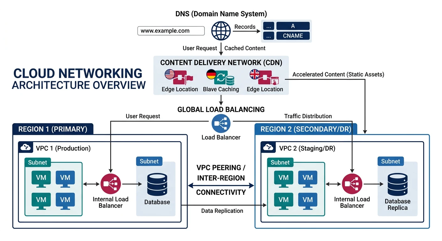 Cloud networking architecture overview showing VPCs, load balancers, CDN, and DNS services