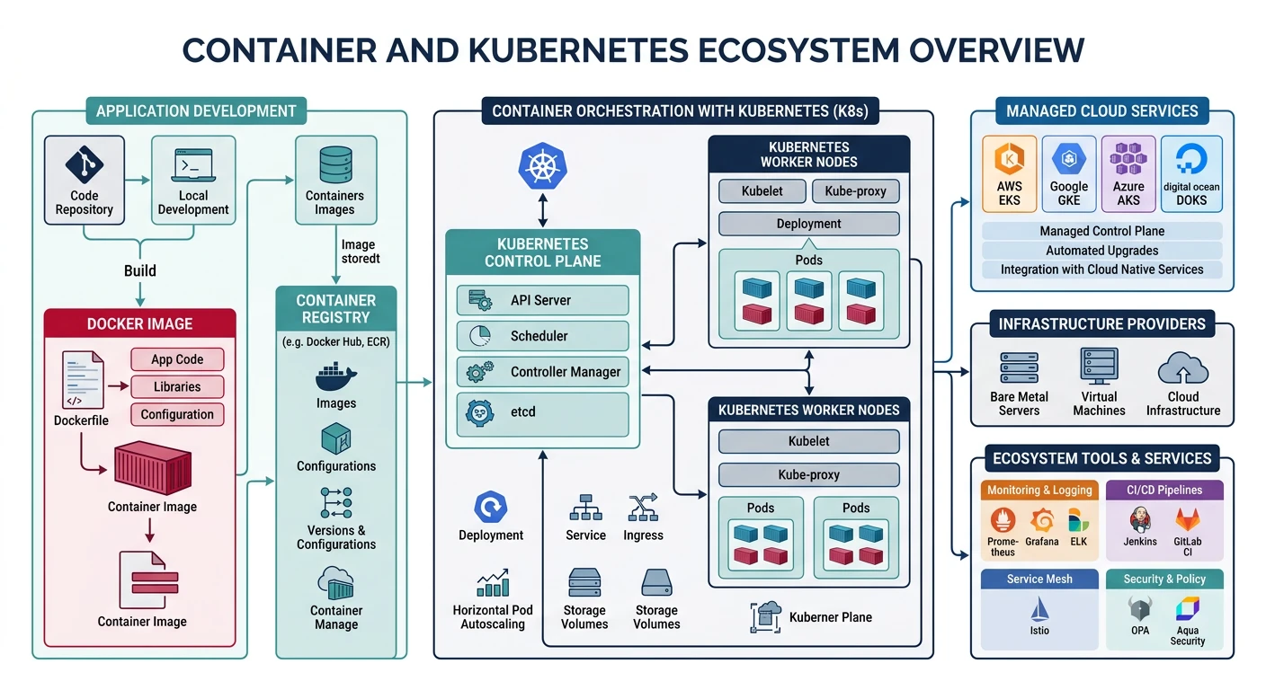 Container and Kubernetes ecosystem showing Docker, orchestration, and managed cloud services