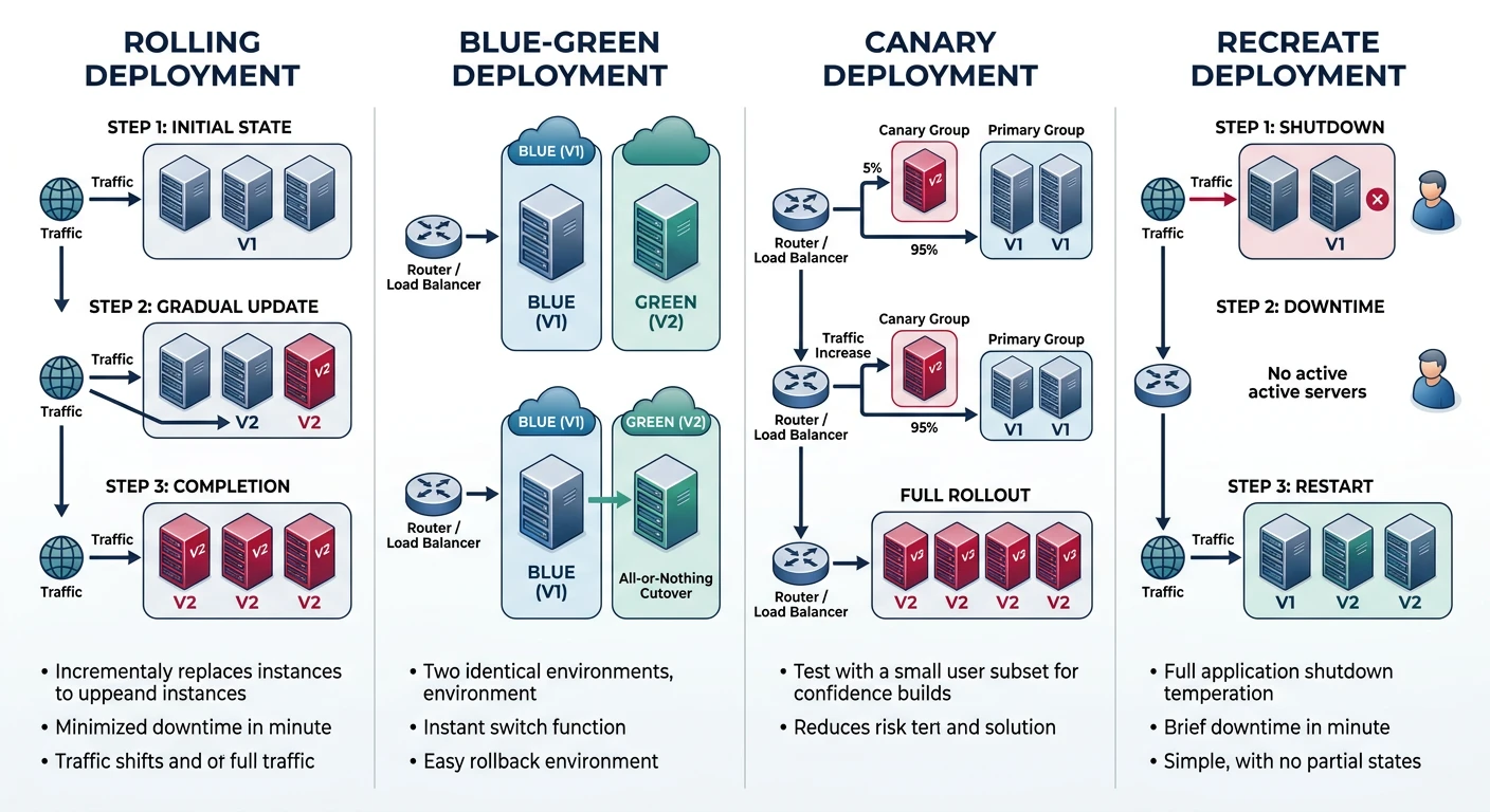 Comparison of deployment strategies showing rolling, blue-green, canary, and recreate approaches with traffic routing diagrams