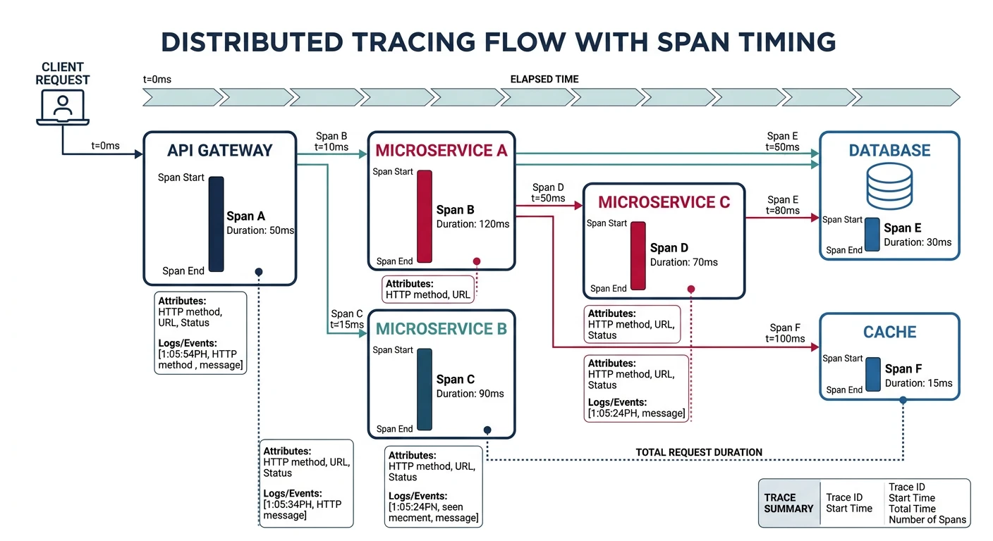 Distributed tracing diagram showing a request flowing through API gateway, microservices, database, and cache with span timing for each hop