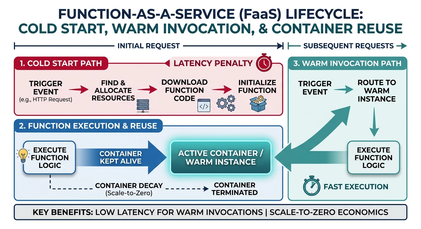 Function-as-a-Service lifecycle showing cold start, warm invocation, and container reuse