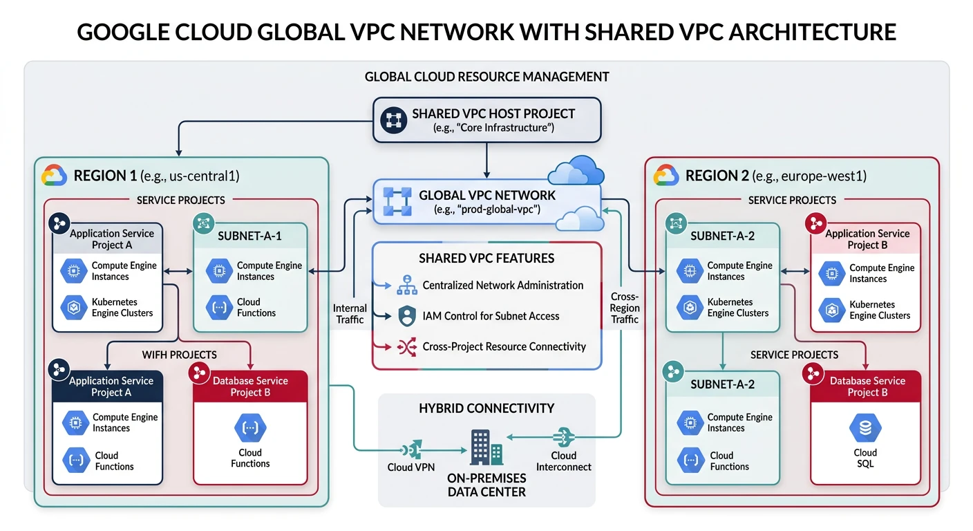 Google Cloud global VPC network spanning multiple regions with shared VPC