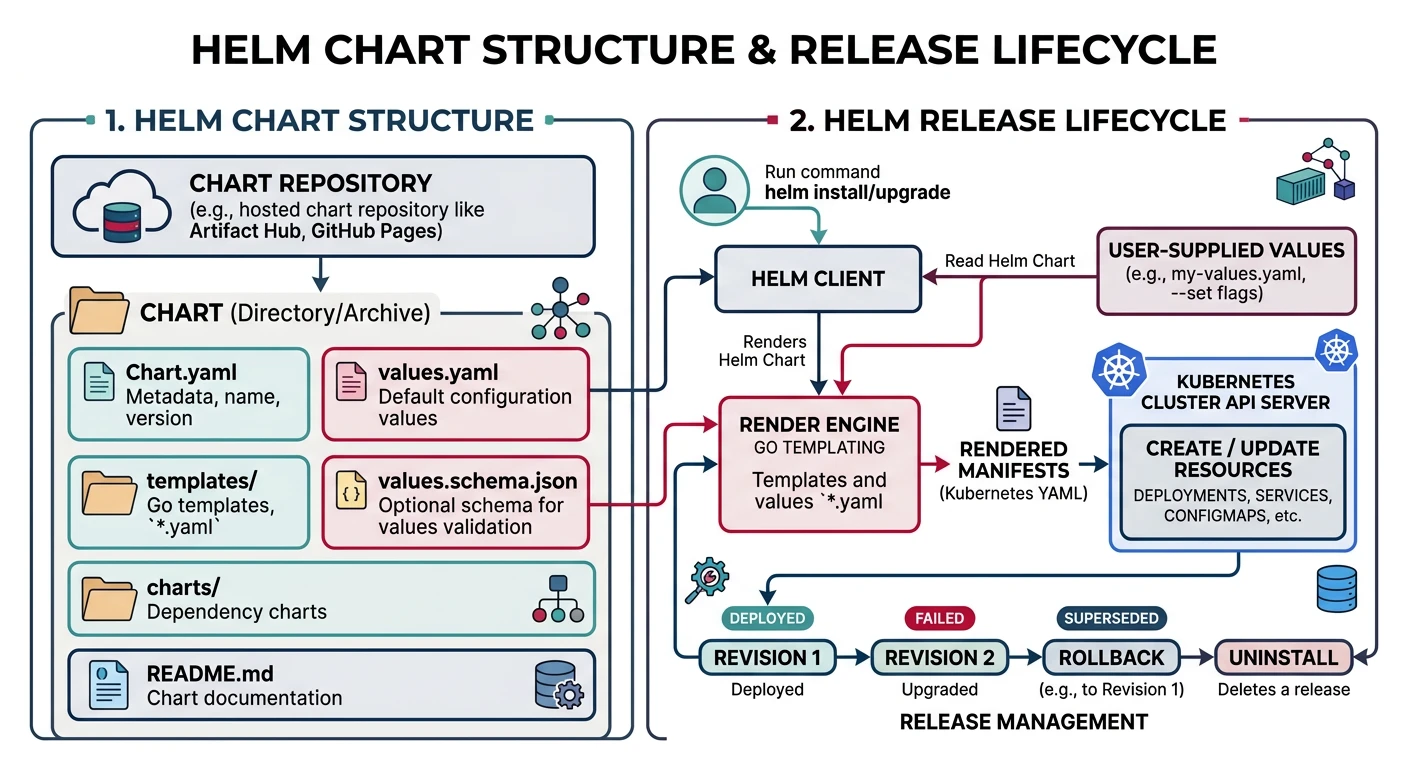 Helm chart structure and release lifecycle with values, templates, and repositories