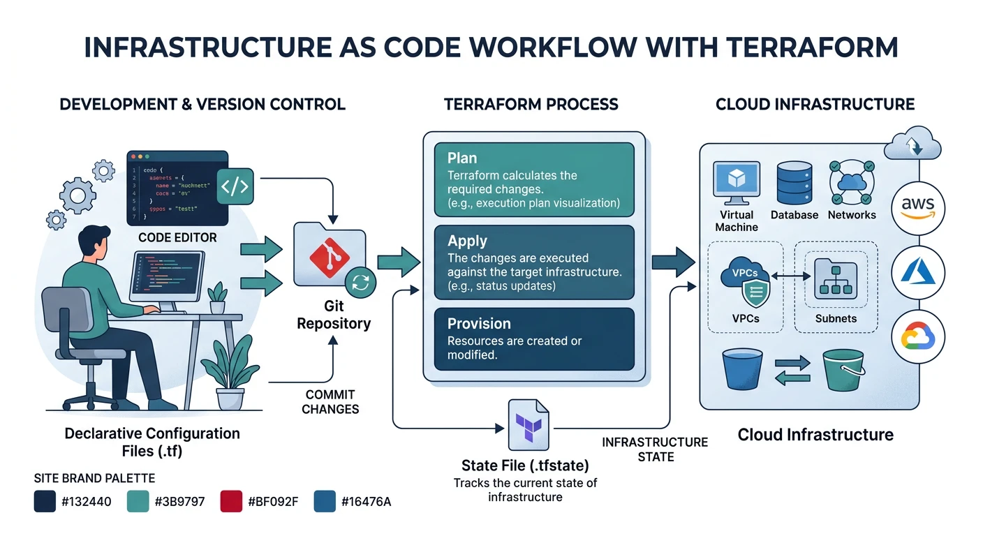 Infrastructure as Code workflow showing declarative configuration files being applied to provision cloud resources via Terraform