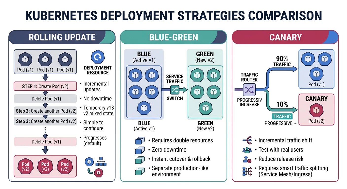 Kubernetes deployment strategies comparing rolling update, blue-green, and canary patterns